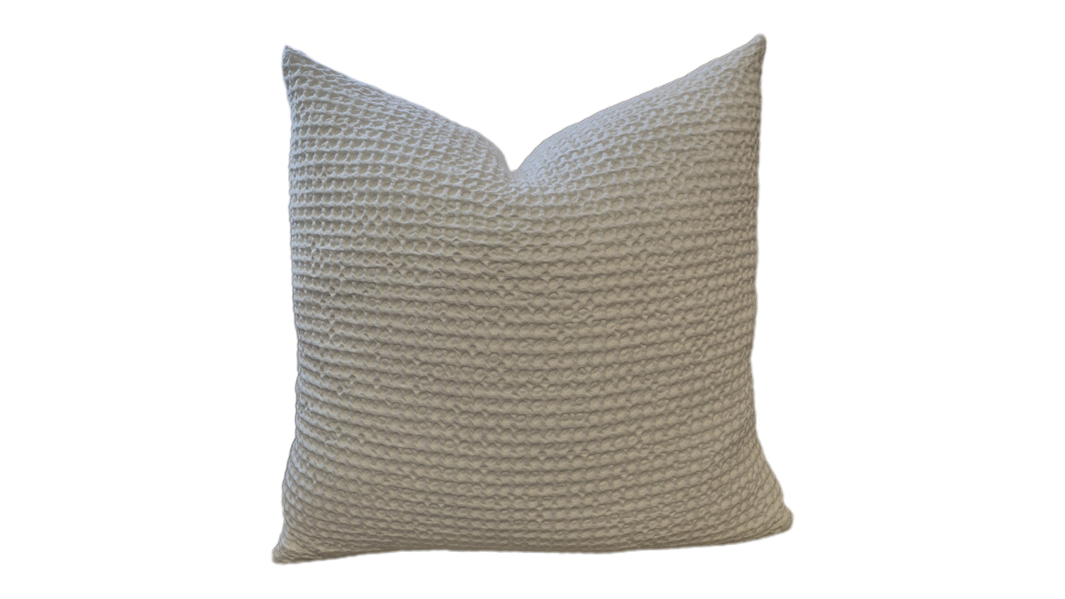 Soft white decorative cushion with a feather-filled interior, featuring a textured surface and waffle-like pattern